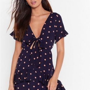 NASTY GAL “Tie-ing To Find A Balance” Navy Blue Spot Print Midi Dress SMALL 4